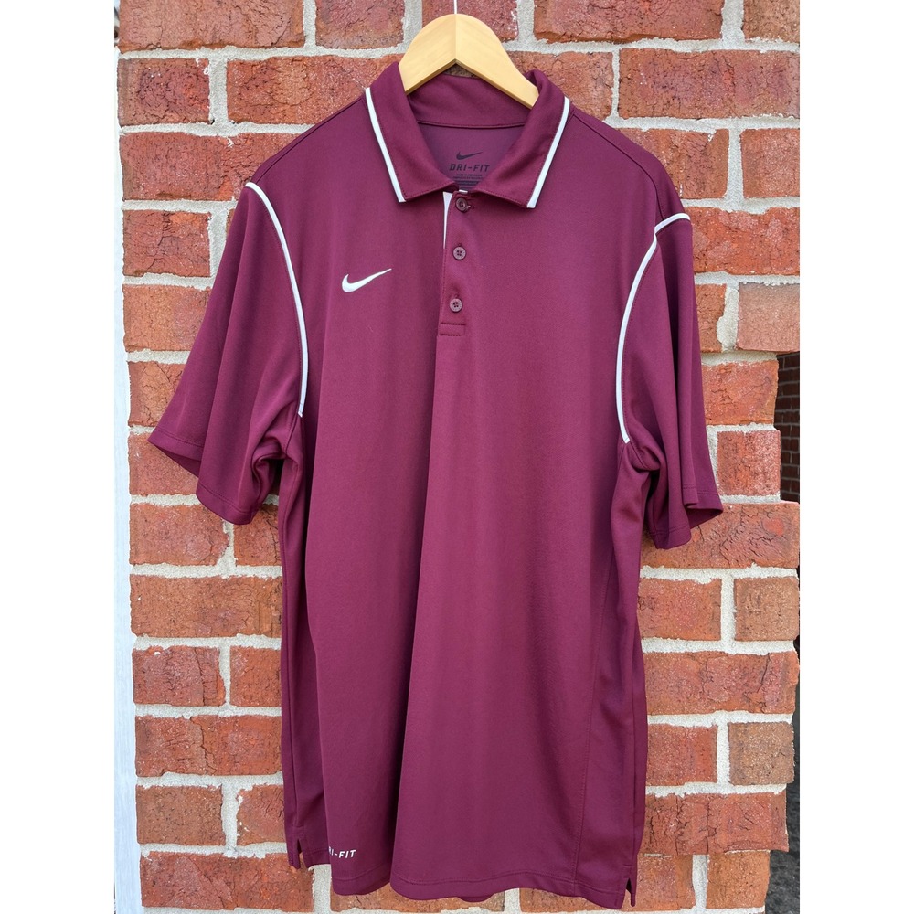 Nike Dri-FIT Polo Shirt Mens Large Burgundy Maroon White Piping Golf Top 259